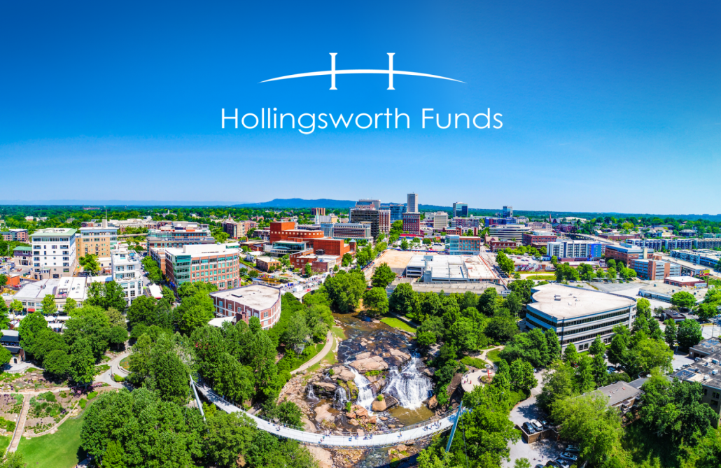 City image with Hollingsworth Funds Logo in white
